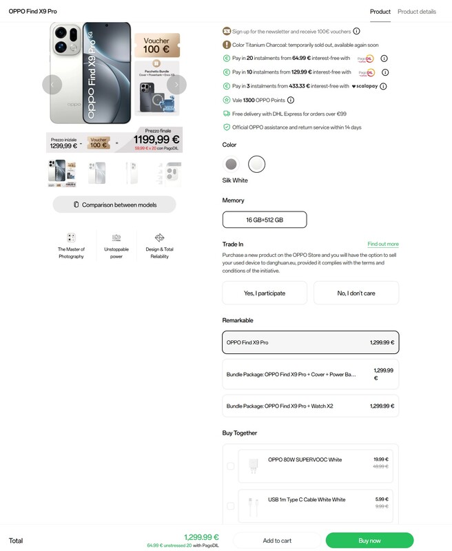 In Italien gibt es 100 Euro Rabatt auf das Oppo Find X9 Pro und zwei unterschiedliche Bundle-Angebote.