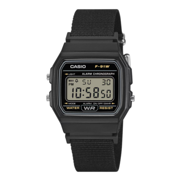 Casio F-91WF-1A Digitaluhr mit schwarzem Gehäuse und schwarzem Textilarmband