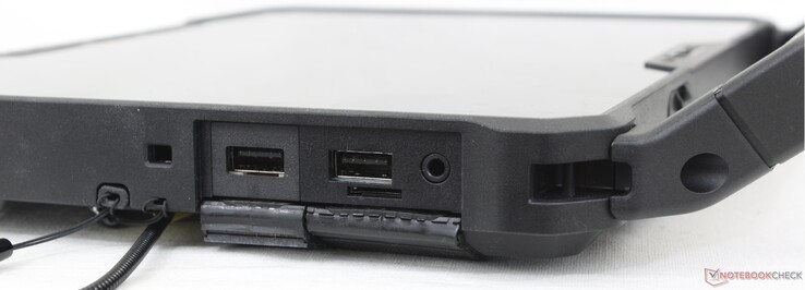 Rechts: Passiver Eingabestift, Noble lock, 2x USB-A 3.2 Gen. 1, MicroSD Kartenleser, 3.5 mm Klinke