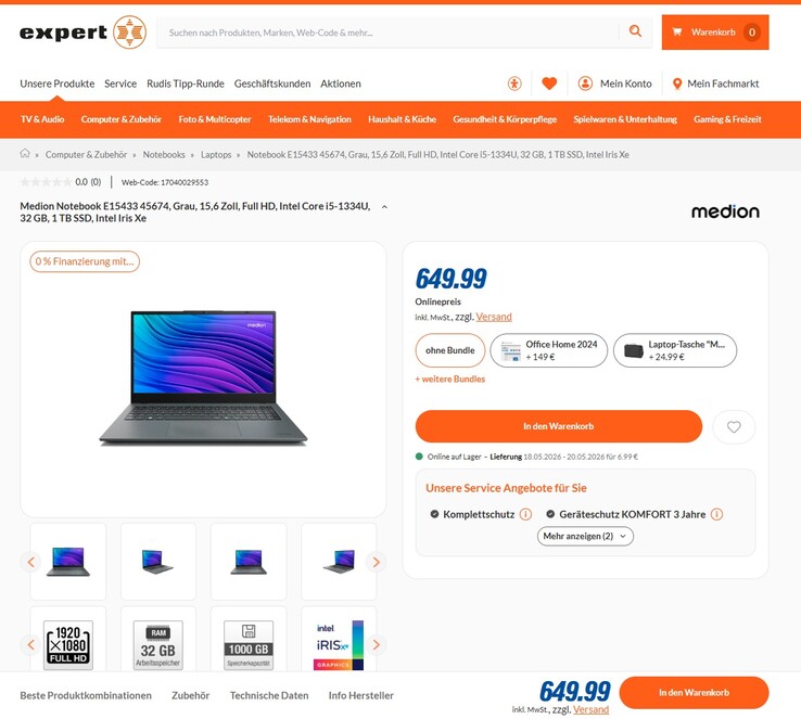 Medion E15433 (3517182) für 649,99 Euro.