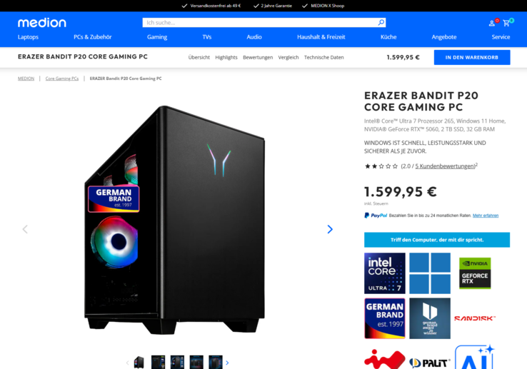 Medion Erazer Bandit P20 für 1.599,95 Euro.