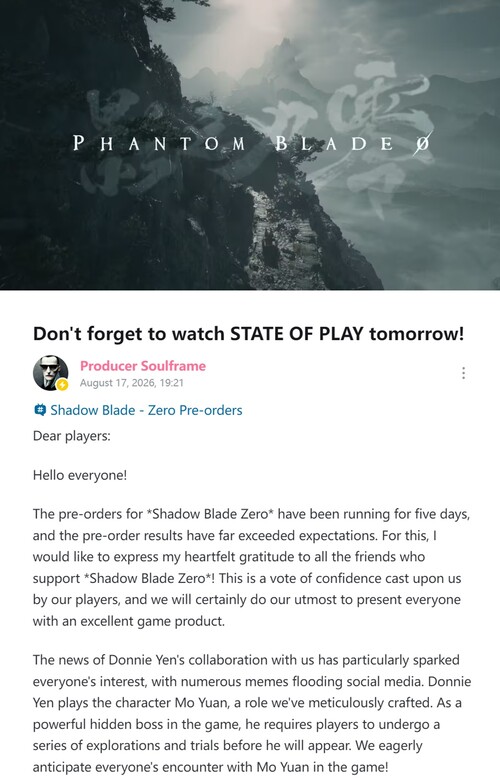 Liang Qiwei von S-Game gibt ein Update zu den Vorbestellungen von Phantom Blade Zero