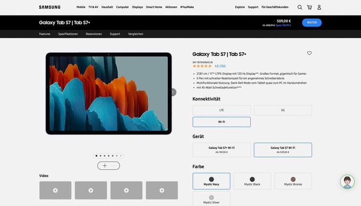 Samsung bietet die Galaxy Tab S7-Serie derzeit zum Bestpreis an. (Screenshot: Samsung)