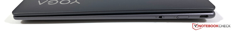 Rechts: Schalter für Webcam-Blende, Power-Button, USB-C 3.2 Gen.2 (10 GBit/s, DisplayPort 1.4, Power Delivery 3.0)