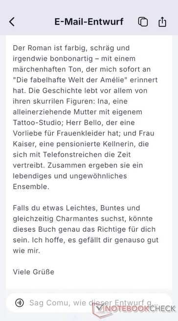 Eine aus einer Buchbesprechung generierte Mail war gut formuliert. Hier nicht zu sehen ist der erste Absatz, der sämtlich Daten zum Buch wie Autor, Name, Preis und Verlag enthält