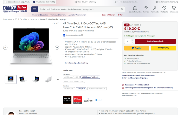 HP OmniBook 3 AI 16-bv0074ng für 949 Euro.