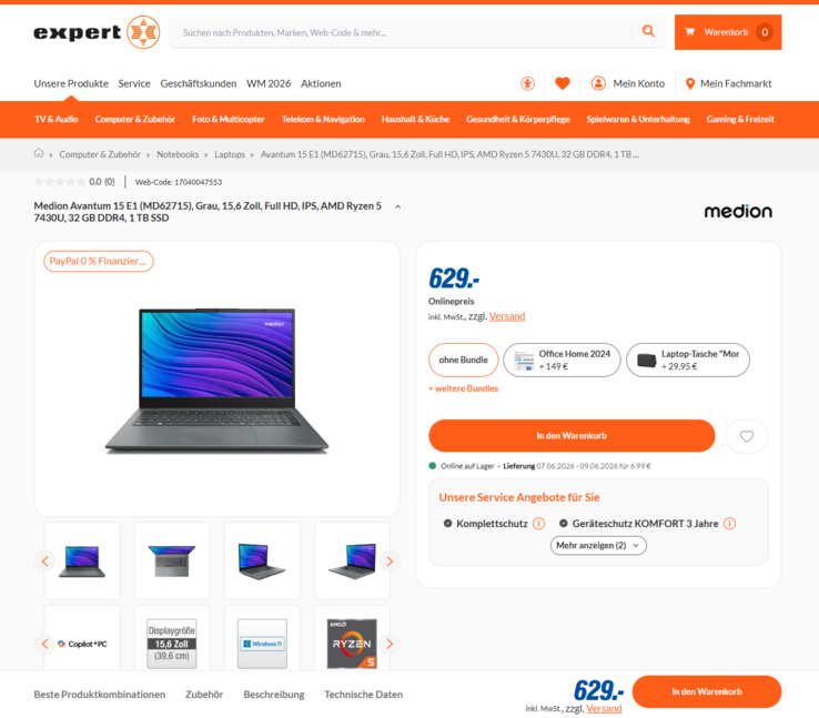 Medion Avantum 15 E1 für 629 Euro.