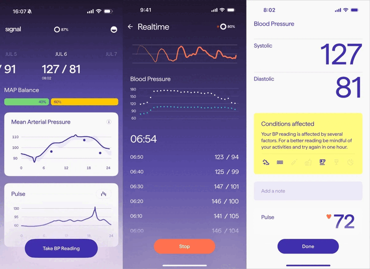 Die Signal Ring App zeigt die konstant im Hintergrund gesammelten Blutdruckmessungen an.