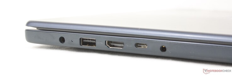 Links: Netzteil, USB-A (5 Gbit/s), HDMI 1.4, USB-C (5 Gbit/s) mit Power Delivery 3.0 + DisplayPort 1.2, 3,5-mm-Kopfhöreranschluss