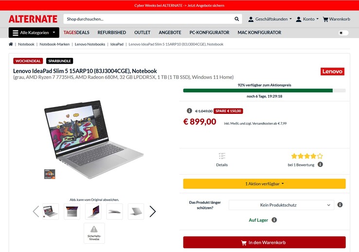 Lenovo IdeaPad Slim 5 15ARP10 (83J3004CGE) für 899 Euro.