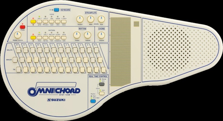 Das Omnichord wird gespielt, indem man mit dem Finger über das vertikale Strumboard streicht und gleichzeitig die Akkordtasten drückt (Bild: Suzuki).