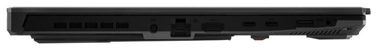 Linke Seite: Netzanschluss, Gigabit-Ethernet, HDMI, Thunderbolt 4 (USB-C; Displayport), USB 3.2 Gen 2 (USB-C; Power Delivery, Displayport, G-Sync), USB 3.2 Gen 1 (USB-A), Audio