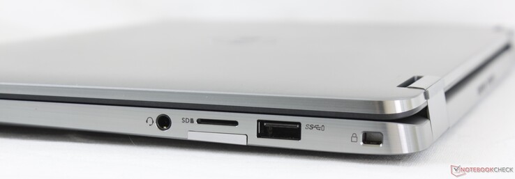 Rechts: Kombinierter 3,5-mm-Audioanschluss, microSD-Kartenleser, Micro-SIM-Schacht (optionales WWAN), USB-A 3.2 Gen. 1, Noble Lock