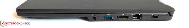 rechts: 3,5 mm Klinke, 1x USB 3.0 Typ A, DisplayPort, Ethernet, Kensington-Lock