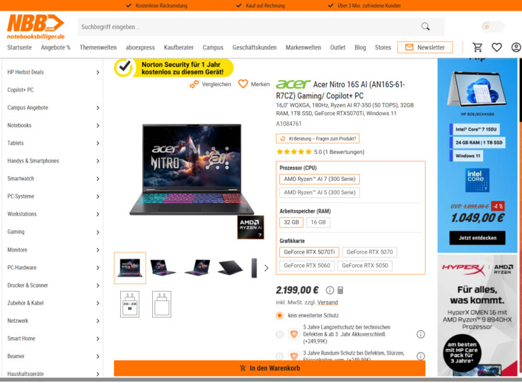 Acer Nitro 16S AI AN16S-61-R7CZ für 2.199 Euro.