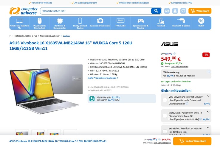 Asus VivoBook 16 X1605VA-MB2146W für 549 Euro.