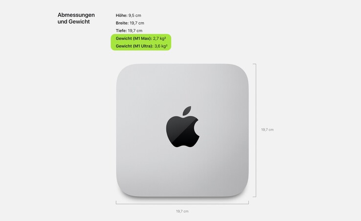 Der Apple Mac Studio wiegt 900 Gramm mehr, wenn er mit dem M1 Ultra statt dem M1 Max ausgestattet ist. (Bild: Apple)