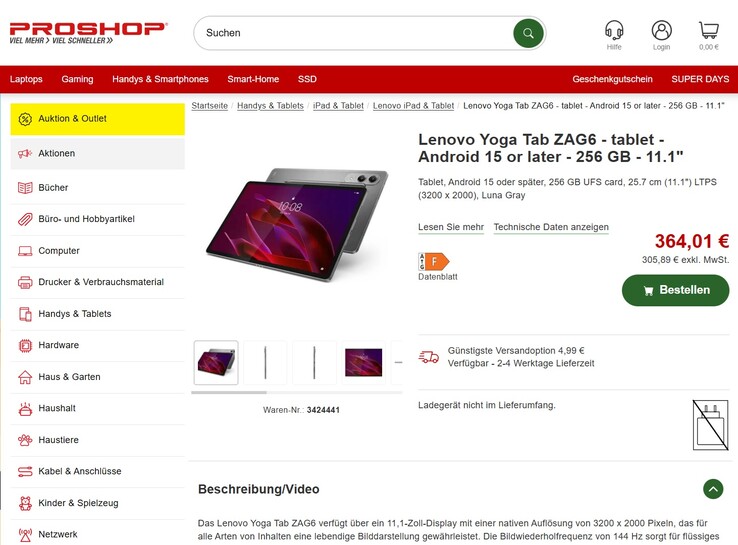 Lenovo Yoga Tab ZAG60076SE für 364,01 Euro.