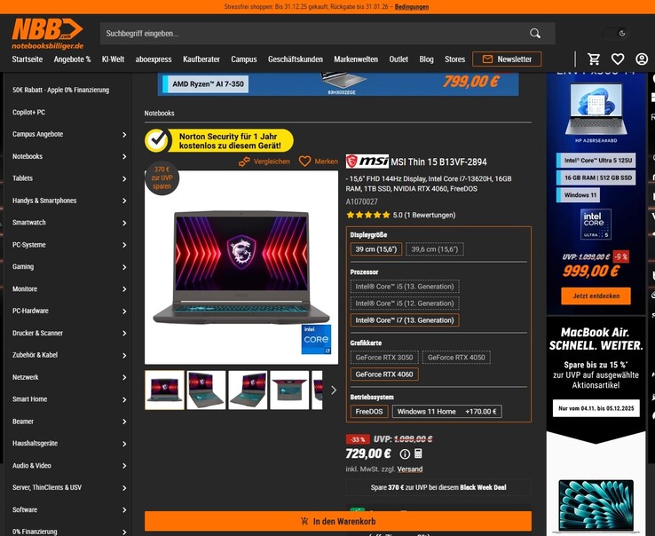 MSI Thin 15 B13VF-2894 im Angebot für 729 Euro.