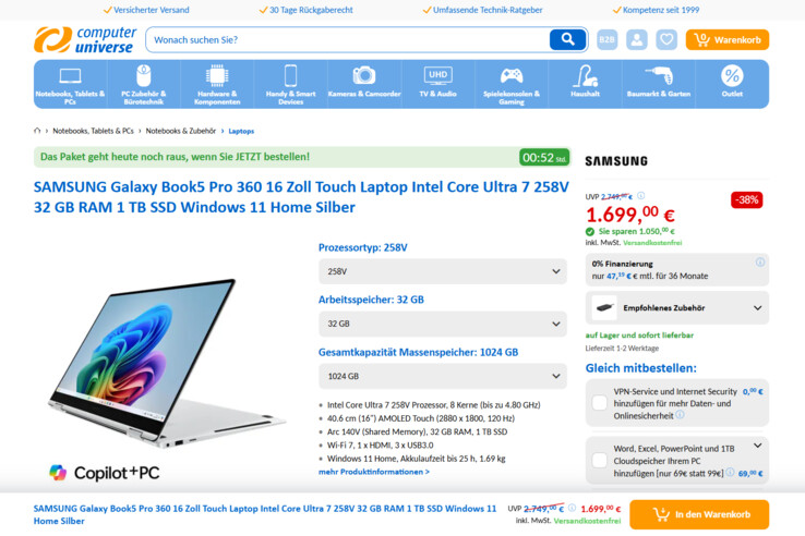 Samsung Galaxy Book5 Pro 360 NP960QHA-KS1DE für 1.699 Euro.