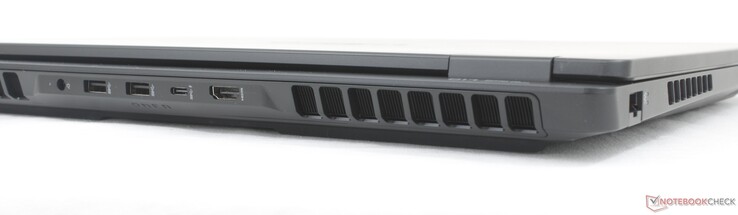 Rückseite: Netzadapter, 2x USB-A (10 Gbps), USB-C mit DisplayPort 2.1 + Power Delivery 3.1 (10 Gbps), HDMI 2.1