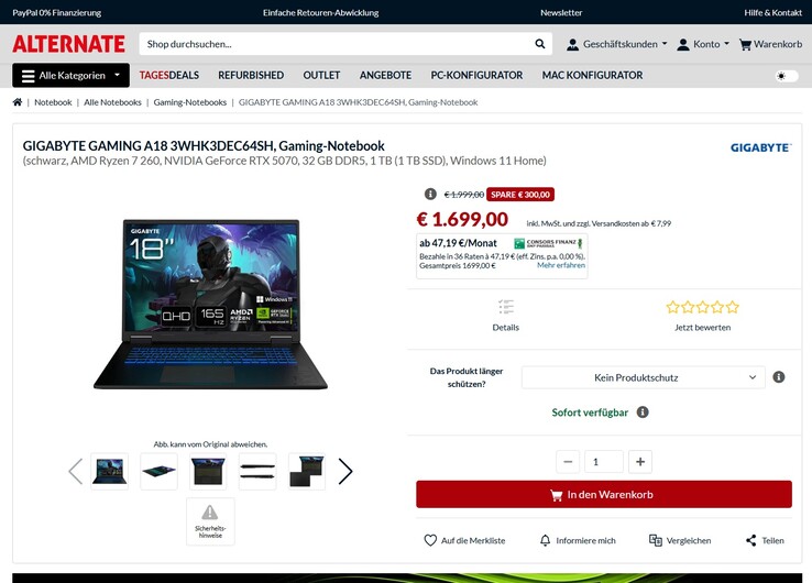 Gigabyte Gaming A18 3WHK3DEC64SH für 1.699 Euro.