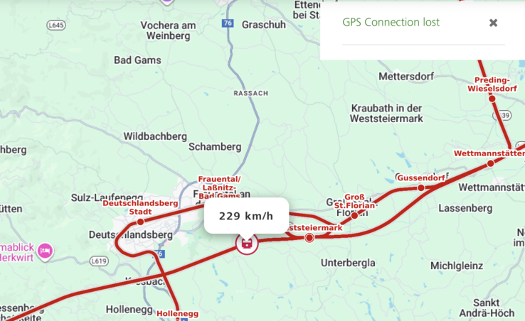 Technisch nicht machbar: Nach dem Stopp in der Weststeiermark sind wir bei Tempo 229 am Tunneleingang. (Bildquelle: Screenshot/ÖBB-Railnet)