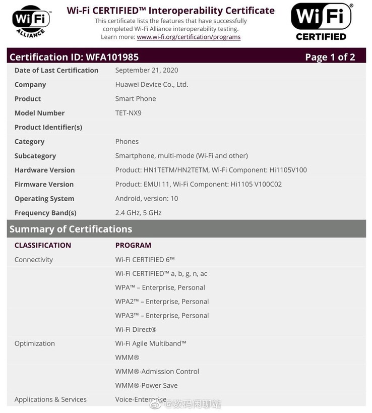 Diese Zertifizierung zeigt das mutmaßliche Huawei Mate X2. (Bild: Wi-Fi Alliance, via Huawei Central)