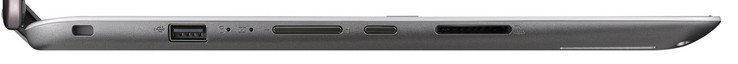 linke Seite: Steckplatz für ein Kabelschloss, USB 2.0 (Typ-A), Lautstärkewippe, Einschaltknopf, Speicherkartenleser