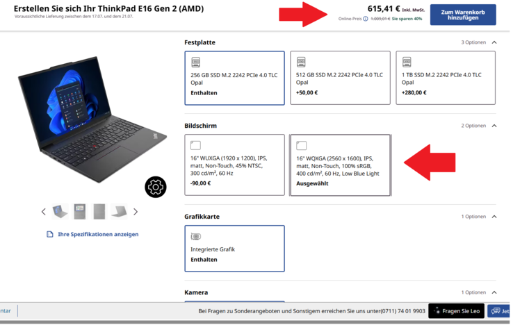 Lenovo ThinkPad E16 Gen 2 mit 2.5k-IPS-Bildschirm für 615,41 Euro.