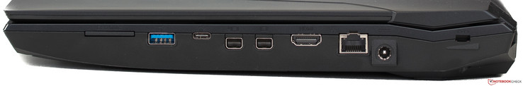 Rechte Seite: Kartenleser, USB 3.1 Gen1, USB 3.1 Gen2 Typ-C, 2 x Mini DisplayPort, HDMI 2.0, Ethernet, Strom, Kensington Lock