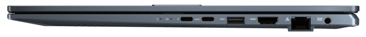 Rechte Seite: Thunderbolt 4 (USB-C; Power Delivery, Displayport), USB 3.2 Gen 2 (USB-C; Power Delivery), USB 3.2 Gen 1 (USB-A), HDMI, Gigabit-Ethernet, Netzanschluss