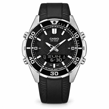 Schwarze Analog-Digital-Uhr mit rundem Resin-Gehäuse, schwarzem Resin-Armband, offenbar feststehender schwarzer Lünette mit weißen Minutenmarkierungen, nachleuchtenden Stundenmarkierungen und rechteckiger Digitalanzeige auf der 6-Uhr-Position.
