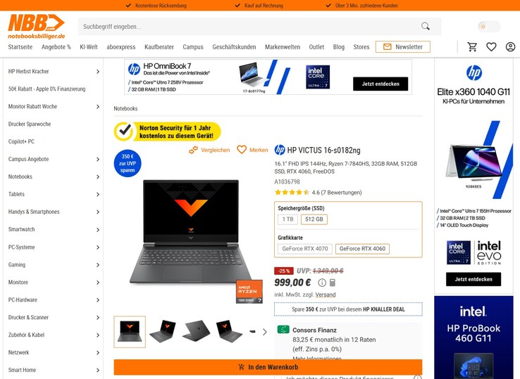HP Victus 16-s0182ng (9W1W6EA) im Angebot für 999 Euro.