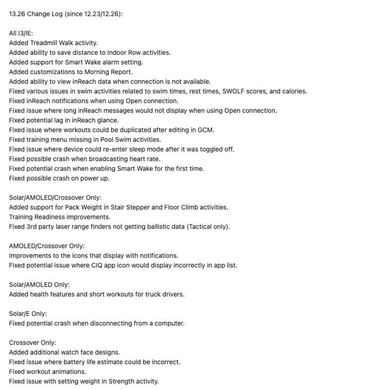 Das Änderungsprotokoll für Garmin Systemupdate 13.26