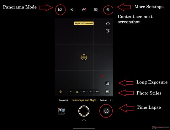 Der Landscape und Night Modus beinhaltet eine Vielzahl unterschiedlicher Features, leider ziemlich wahllos verteilt.