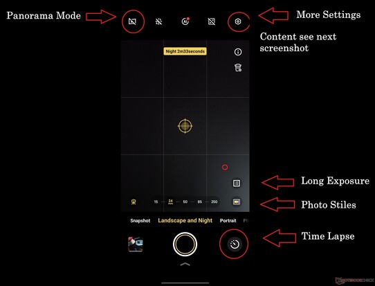 Der Landscape und Night Modus beinhaltet eine Vielzahl unterschiedlicher Features, leider ziemlich wahllos verteilt.