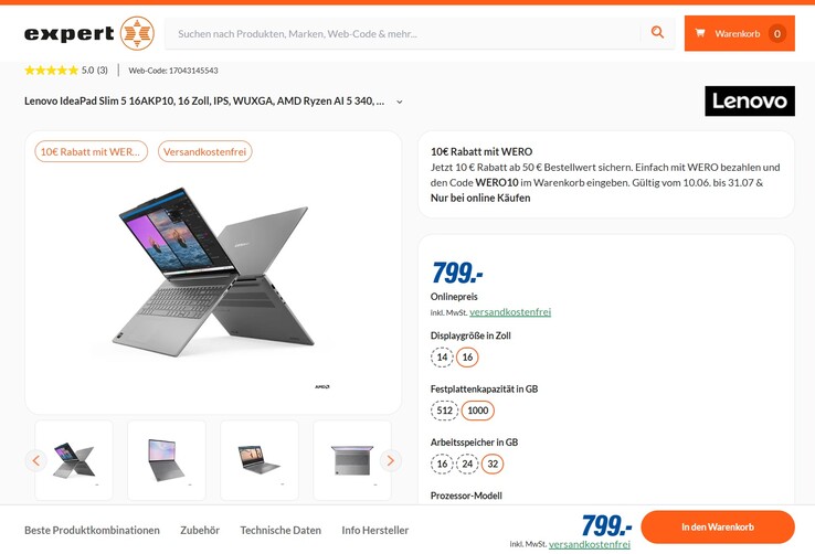 Lenovo IdeaPad Slim 5 16AKP10 (83HY0061GE) für 799 Euro.