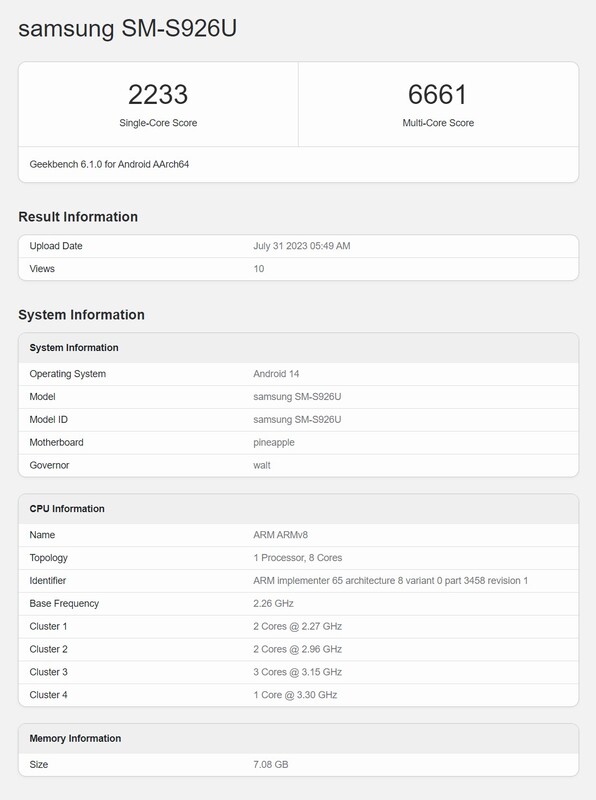 Der erste Samsung Galaxy S24+ Geekbench-Eintrag deutet auf ein US-Modell mit Snapdragon 8 Gen 3 und 8 GB RAM.
