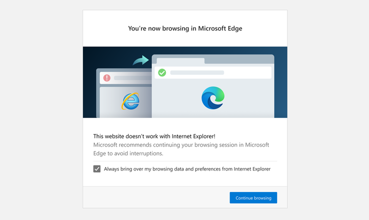 Dieser Dialog weist Nutzer des Internet Explorers darauf hin, dass eine Webseite in Edge geöffnet wird. (Bild: Microsoft)
