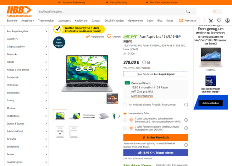 Acer Aspire Lite 15 AL15-46P-R0HV für 379 Euro.