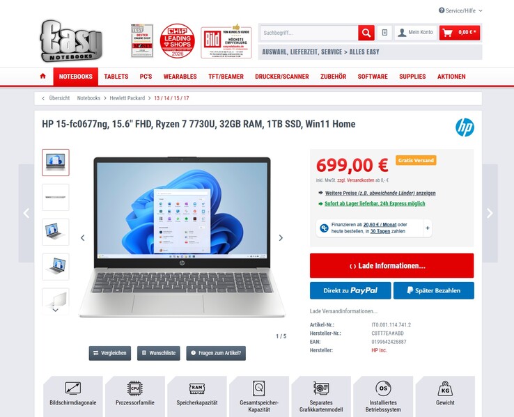 HP 15-fc0677ng für 699 Euro.
