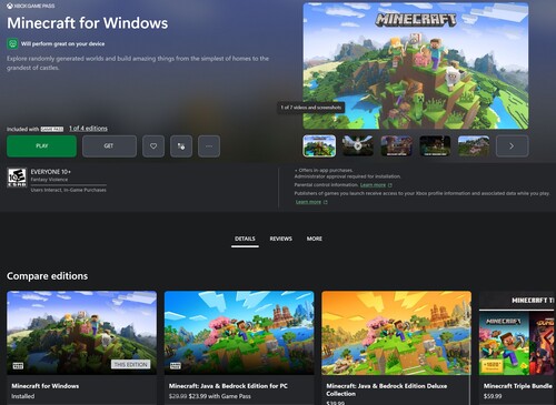 Minecraft-Versionen auf Xbox Game Pass werden angezeigt