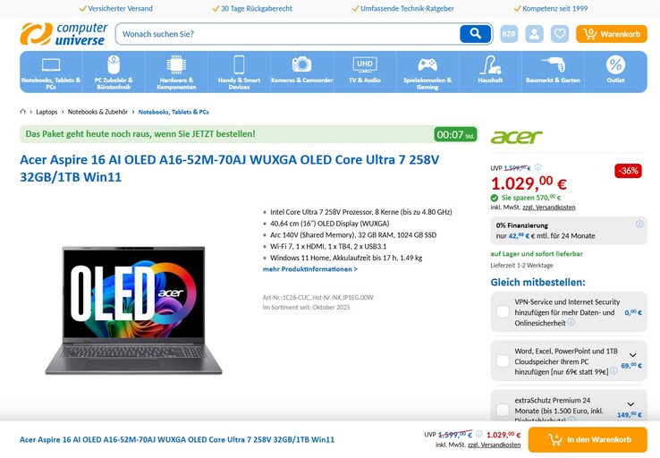 Acer Aspire 16 AI A16-52M-70AJ für 1.029 Euro.