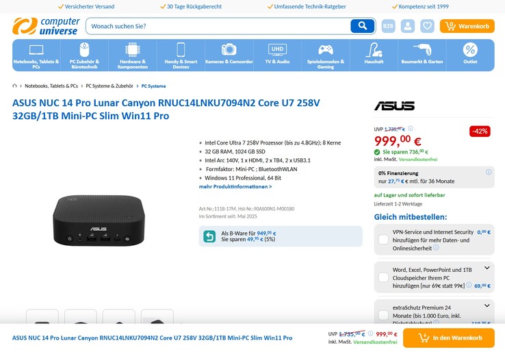 Asus NUC 14 Pro AI (90AS00N1-M00180) für 999 Euro.