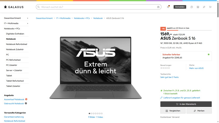 Asus ZenBook S16 UM5606GA-SR305W für 1.569 Euro.