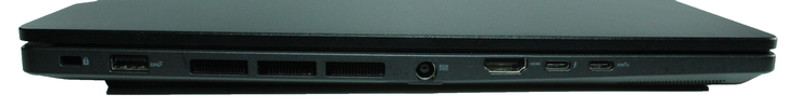 Linke Seite: 1 Kensington Lock, USB-A 3.2 Gen.2, Netzanschluss, HDMI 2.1, 1 Thunderbolt 4, USB-C 3.2 Gen.2