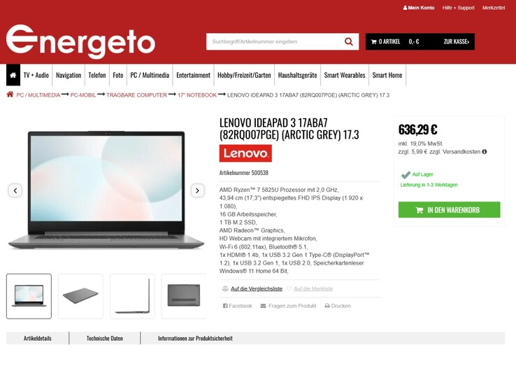 Lenovo IdeaPad 3 17ABA7 (82RQ007PGE) für 636,29 Euro.