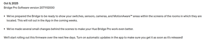 Versionshinweise zum ersten Software-Update der Philips Hue Bridge Pro. (Bildquelle: Philips Hue)