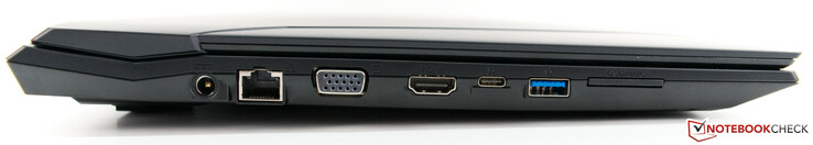Linke Seite: DC-in, RJ45-LAN, VGA, HDMI 1.4b, USB-C 3.1 Gen2 (DisplayPort: nein, Laptopladefunktion: nein),  USB-A 3.1 Gen2, 6-in-1 Kartenleser